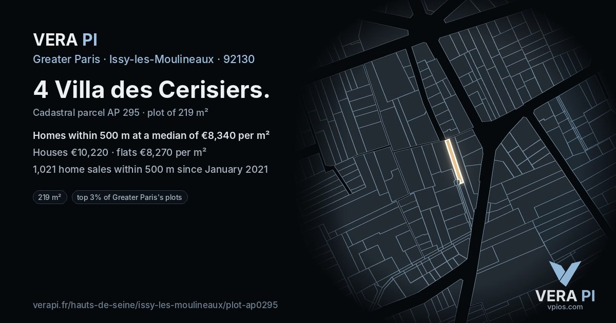 4 Villa des Cerisiers, Issy-les-Moulineaux at night – the plot lit, the parcels around coloured by the prices near them