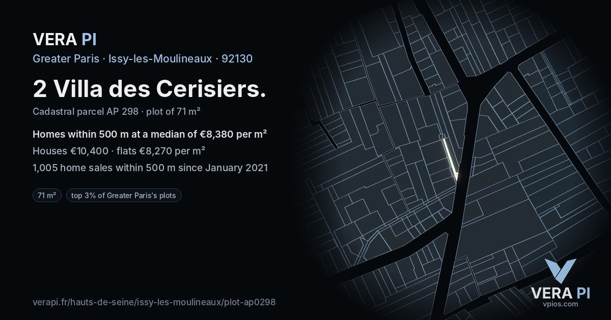 2 Villa des Cerisiers, Issy-les-Moulineaux at night – the plot lit, the parcels around coloured by the prices near them