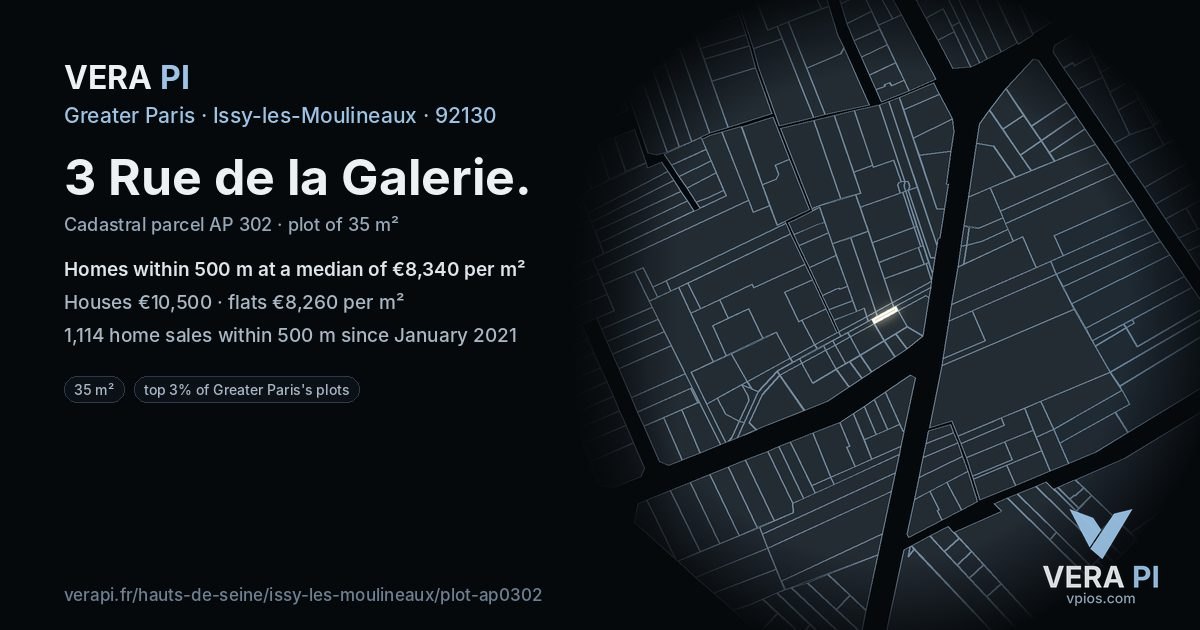 3 Rue de la Galerie, Issy-les-Moulineaux at night – the plot lit, the parcels around coloured by the prices near them