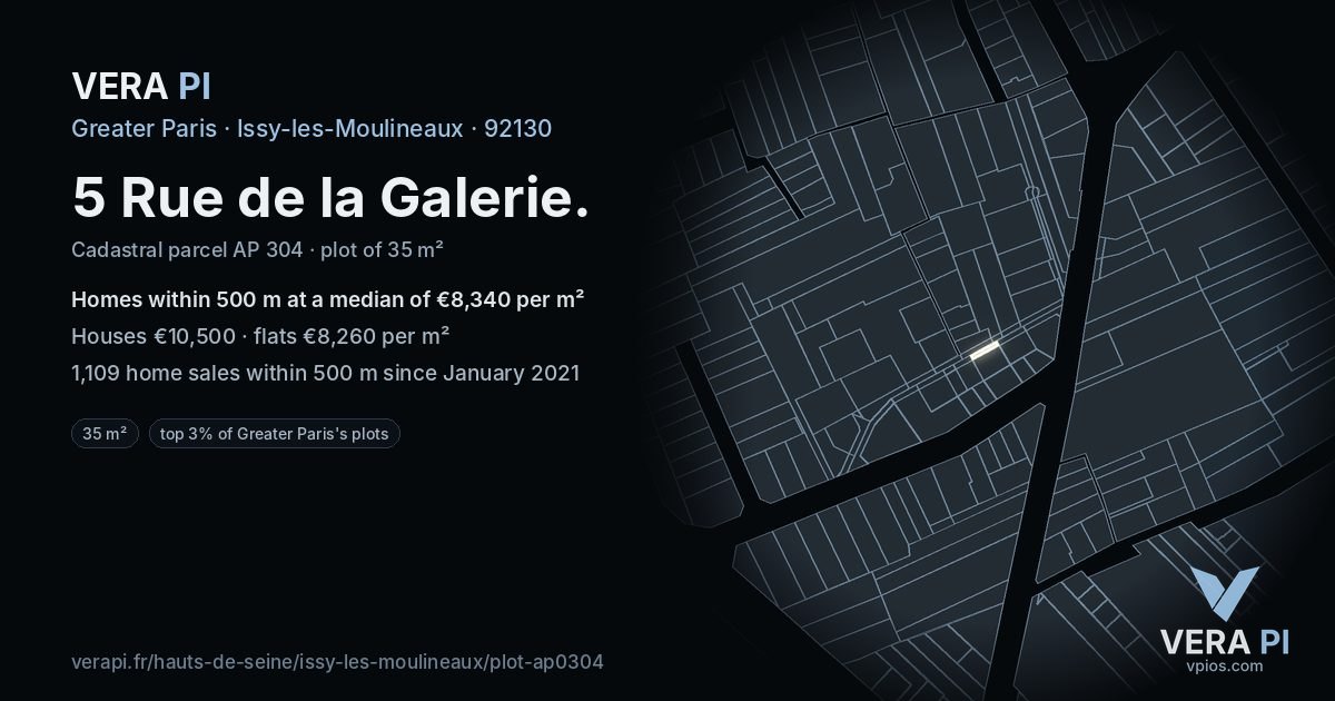 5 Rue de la Galerie, Issy-les-Moulineaux at night – the plot lit, the parcels around coloured by the prices near them