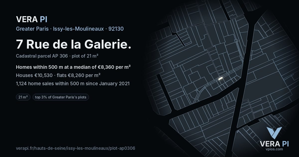 7 Rue de la Galerie, Issy-les-Moulineaux at night – the plot lit, the parcels around coloured by the prices near them
