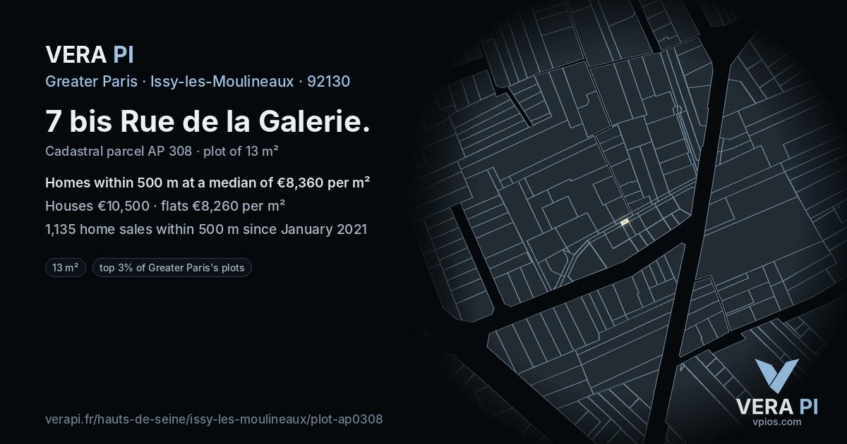 7 bis Rue de la Galerie, Issy-les-Moulineaux at night – the plot lit, the parcels around coloured by the prices near them
