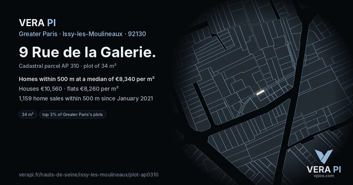 9 Rue de la Galerie, Issy-les-Moulineaux at night – the plot lit, the parcels around coloured by the prices near them