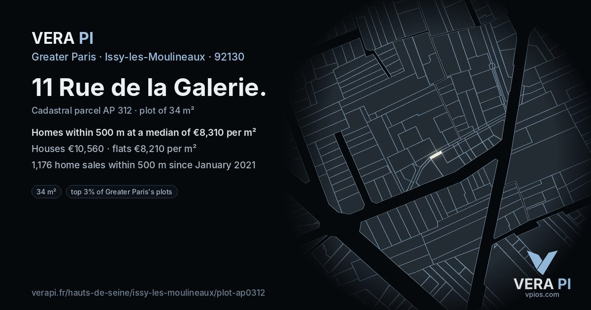 11 Rue de la Galerie, Issy-les-Moulineaux at night – the plot lit, the parcels around coloured by the prices near them