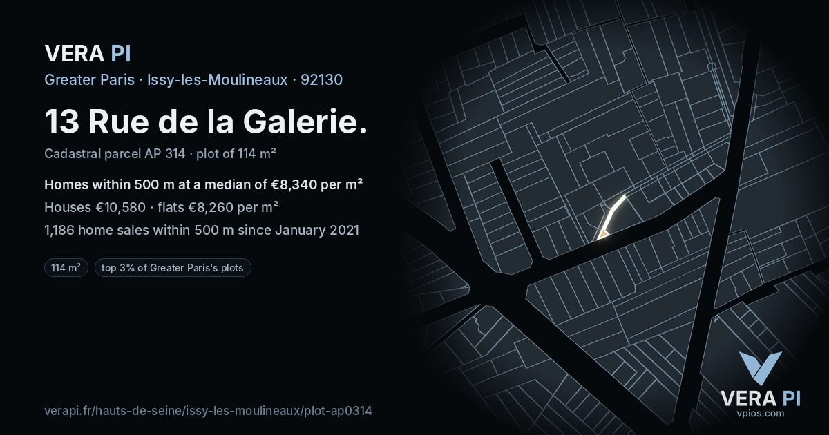 13 Rue de la Galerie, Issy-les-Moulineaux at night – the plot lit, the parcels around coloured by the prices near them