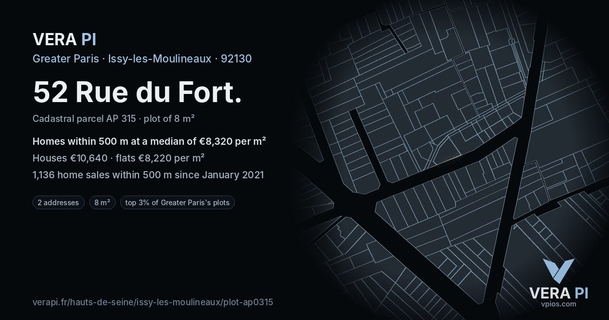 52 Rue du Fort, Issy-les-Moulineaux at night – the plot lit, the parcels around coloured by the prices near them