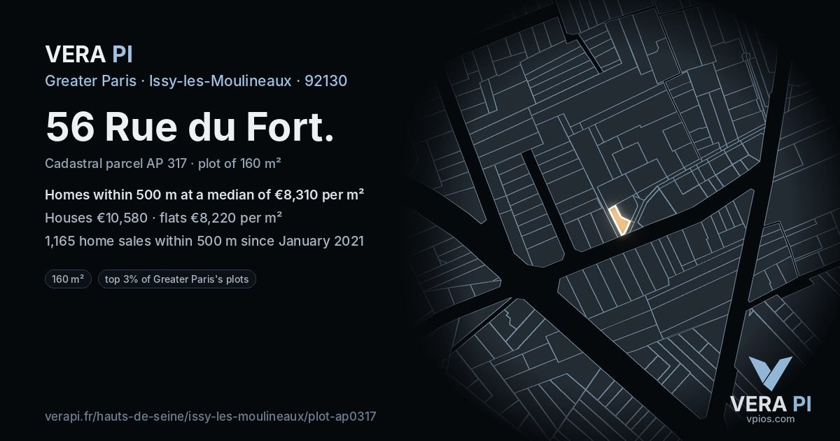 56 Rue du Fort, Issy-les-Moulineaux at night – the plot lit, the parcels around coloured by the prices near them