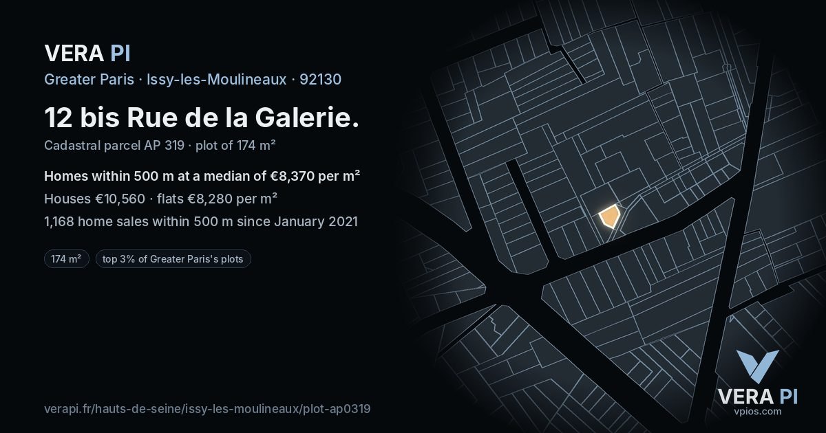 12 bis Rue de la Galerie, Issy-les-Moulineaux at night – the plot lit, the parcels around coloured by the prices near them