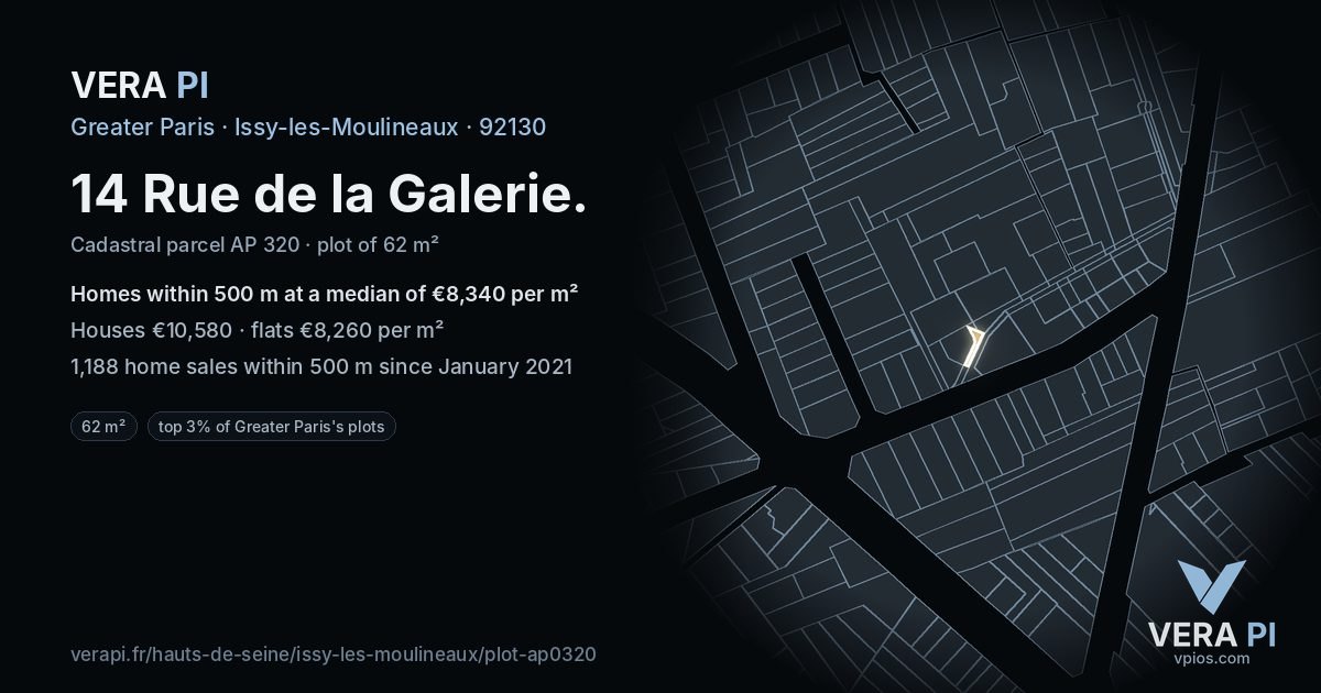 14 Rue de la Galerie, Issy-les-Moulineaux at night – the plot lit, the parcels around coloured by the prices near them