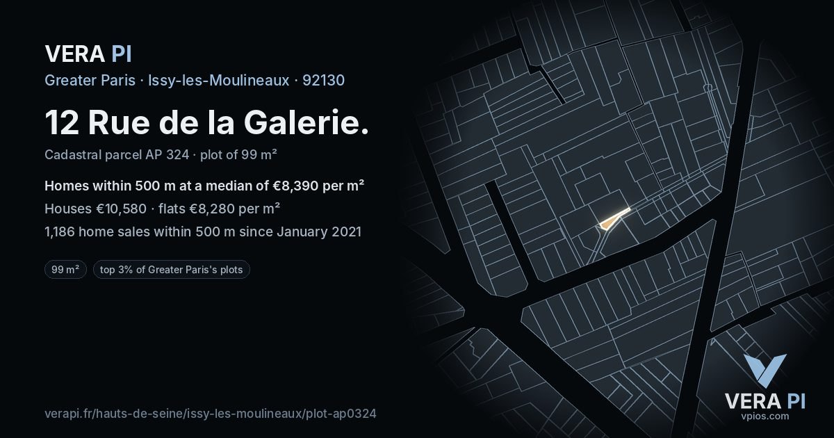 12 Rue de la Galerie, Issy-les-Moulineaux at night – the plot lit, the parcels around coloured by the prices near them