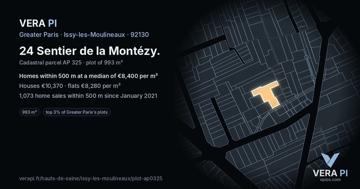 24 Sentier de la Montézy, Issy-les-Moulineaux at night – the plot lit, the parcels around coloured by the prices near them