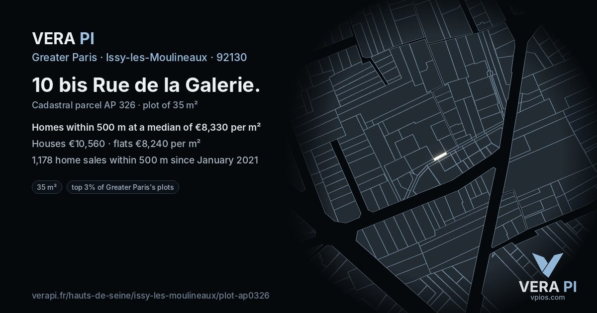 10 bis Rue de la Galerie, Issy-les-Moulineaux at night – the plot lit, the parcels around coloured by the prices near them