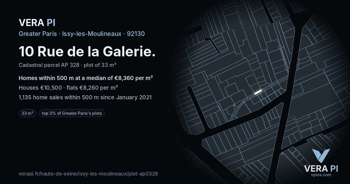 10 Rue de la Galerie, Issy-les-Moulineaux at night – the plot lit, the parcels around coloured by the prices near them