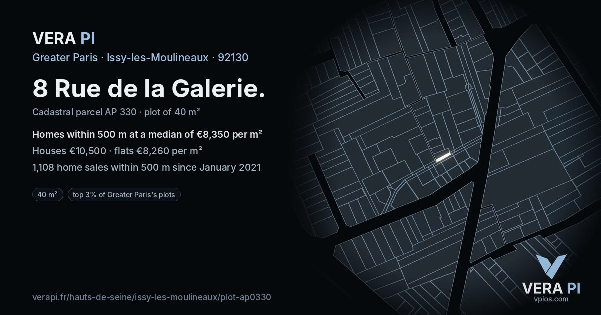 8 Rue de la Galerie, Issy-les-Moulineaux at night – the plot lit, the parcels around coloured by the prices near them