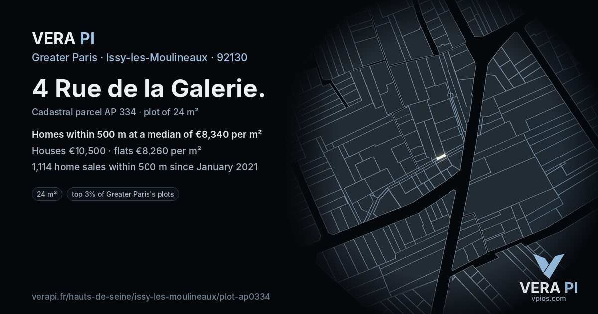 4 Rue de la Galerie, Issy-les-Moulineaux at night – the plot lit, the parcels around coloured by the prices near them