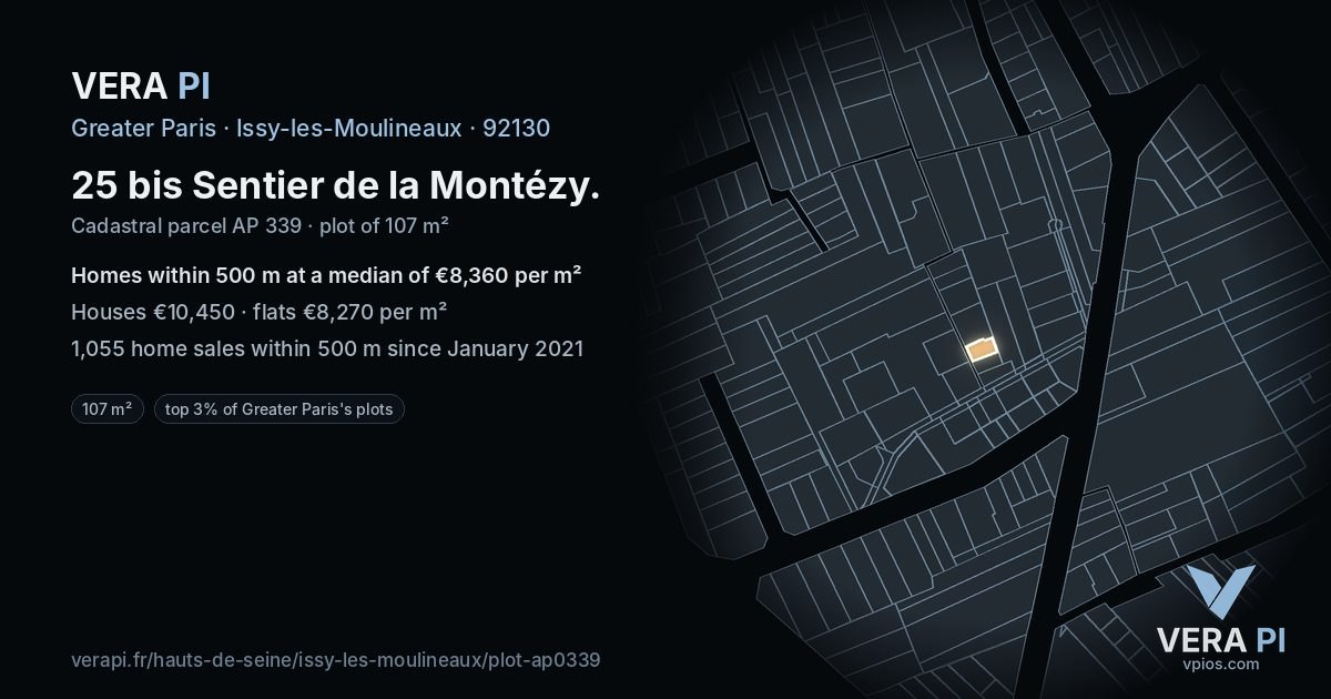 25 bis Sentier de la Montézy, Issy-les-Moulineaux at night – the plot lit, the parcels around coloured by the prices near them