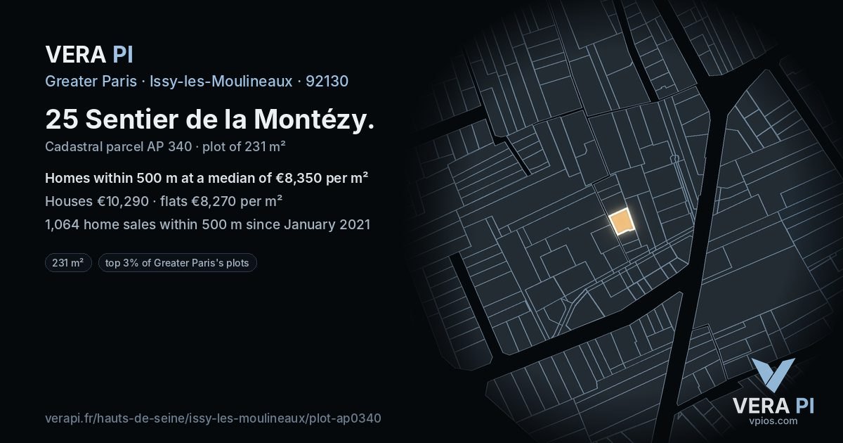 25 Sentier de la Montézy, Issy-les-Moulineaux at night – the plot lit, the parcels around coloured by the prices near them