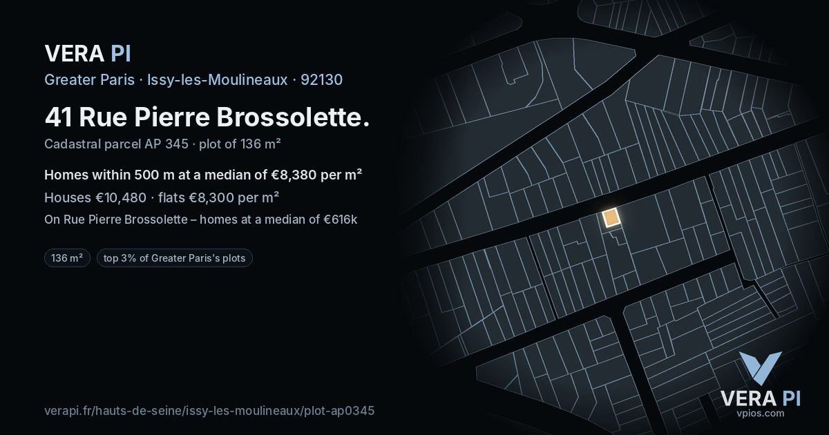41 Rue Pierre Brossolette, Issy-les-Moulineaux at night – the plot lit, the parcels around coloured by the prices near them