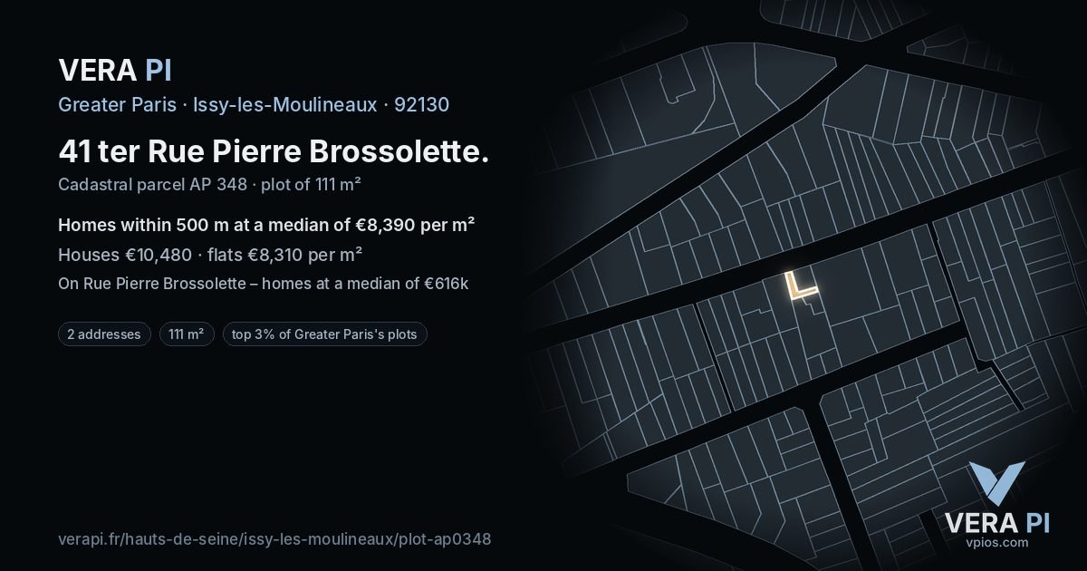 41 ter Rue Pierre Brossolette, Issy-les-Moulineaux at night – the plot lit, the parcels around coloured by the prices near them