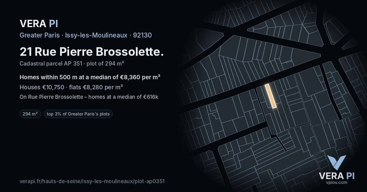 21 Rue Pierre Brossolette, Issy-les-Moulineaux at night – the plot lit, the parcels around coloured by the prices near them