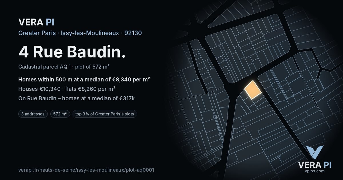 4 Rue Baudin, Issy-les-Moulineaux at night – the plot lit, the parcels around coloured by the prices near them