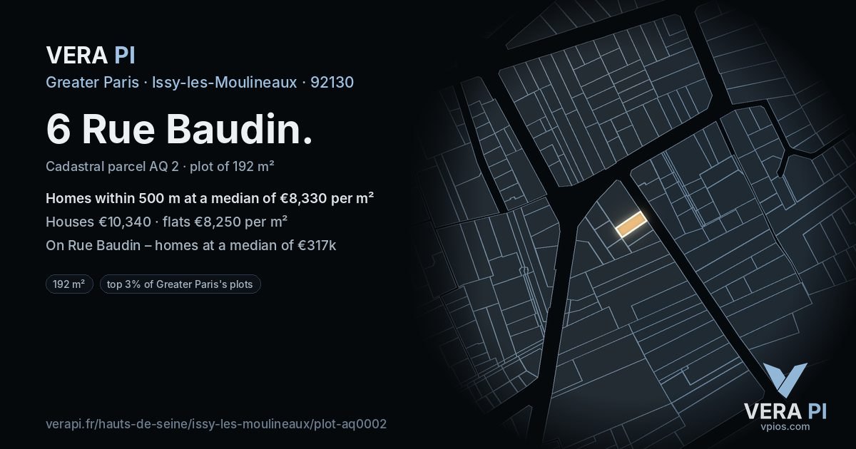 6 Rue Baudin, Issy-les-Moulineaux at night – the plot lit, the parcels around coloured by the prices near them