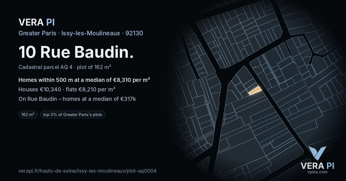 10 Rue Baudin, Issy-les-Moulineaux at night – the plot lit, the parcels around coloured by the prices near them