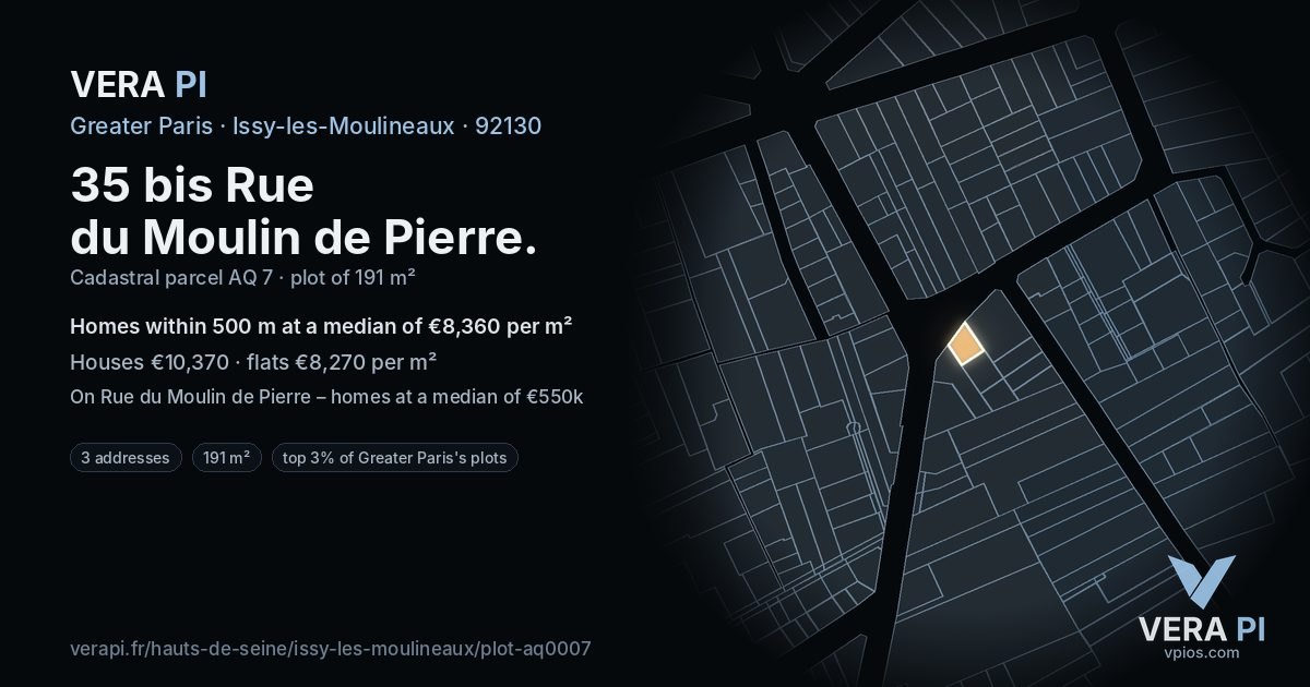 35 bis Rue du Moulin de Pierre, Issy-les-Moulineaux at night – the plot lit, the parcels around coloured by the prices near them