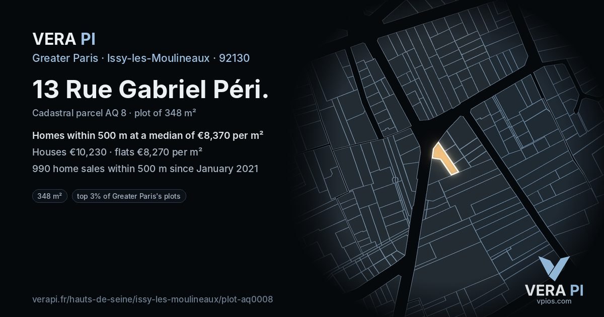 13 Rue Gabriel Péri, Issy-les-Moulineaux at night – the plot lit, the parcels around coloured by the prices near them