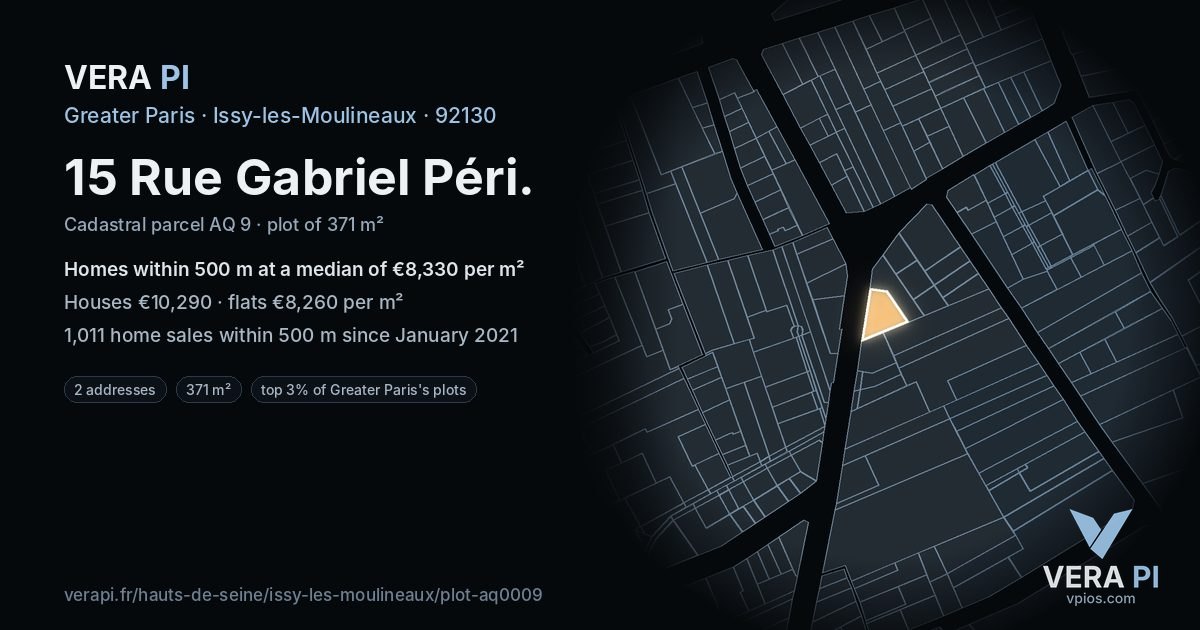 15 Rue Gabriel Péri, Issy-les-Moulineaux at night – the plot lit, the parcels around coloured by the prices near them