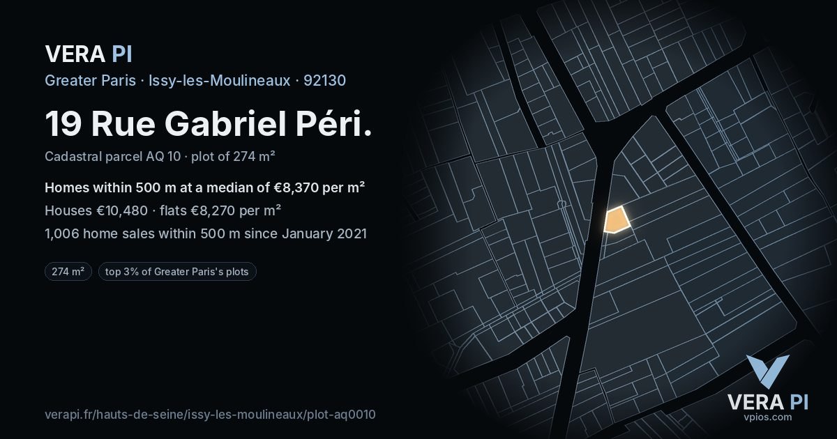 19 Rue Gabriel Péri, Issy-les-Moulineaux at night – the plot lit, the parcels around coloured by the prices near them