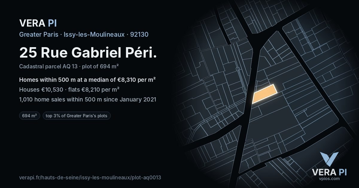 25 Rue Gabriel Péri, Issy-les-Moulineaux at night – the plot lit, the parcels around coloured by the prices near them