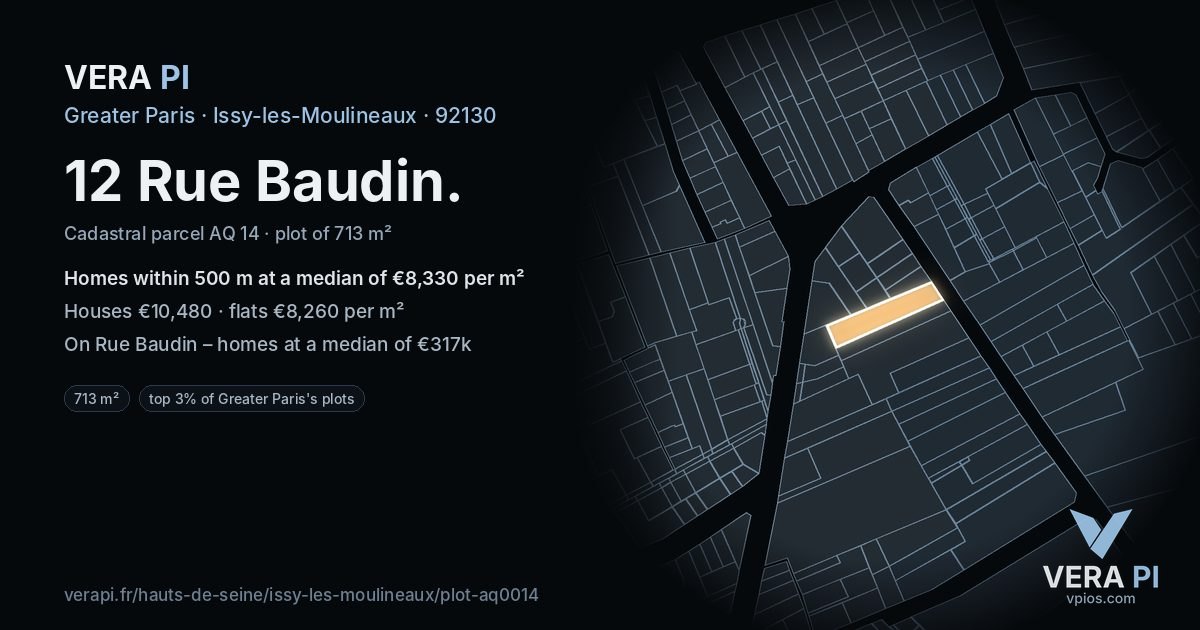12 Rue Baudin, Issy-les-Moulineaux at night – the plot lit, the parcels around coloured by the prices near them