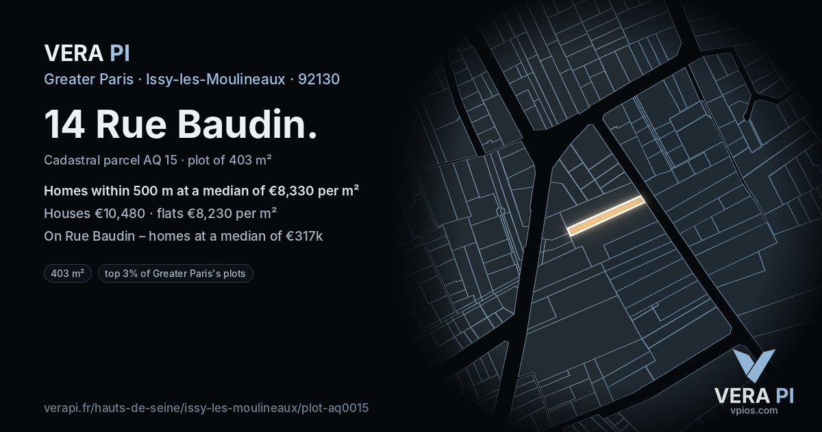 14 Rue Baudin, Issy-les-Moulineaux at night – the plot lit, the parcels around coloured by the prices near them