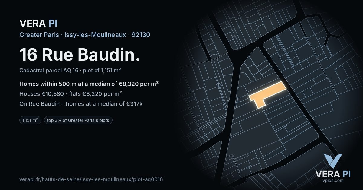 16 Rue Baudin, Issy-les-Moulineaux at night – the plot lit, the parcels around coloured by the prices near them