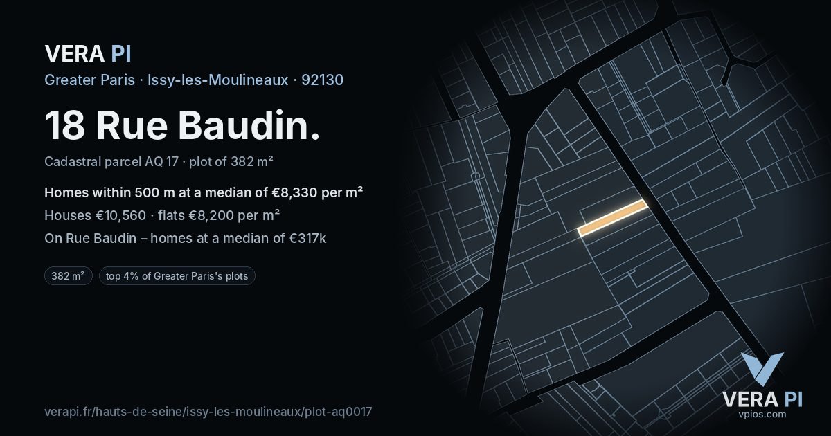 18 Rue Baudin, Issy-les-Moulineaux at night – the plot lit, the parcels around coloured by the prices near them