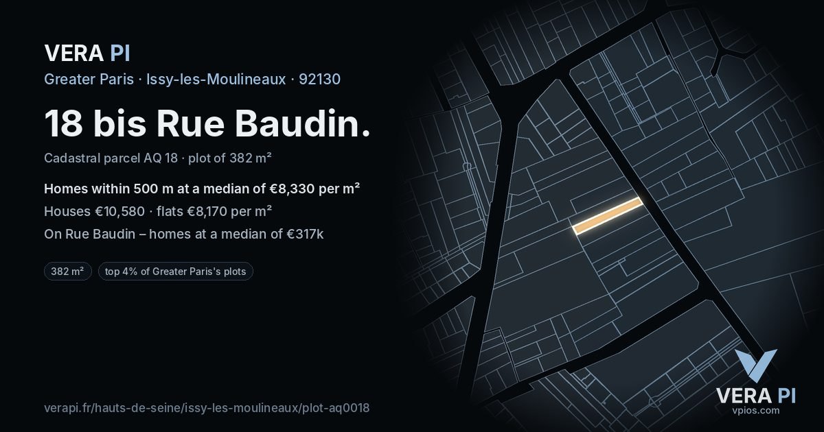 18 bis Rue Baudin, Issy-les-Moulineaux at night – the plot lit, the parcels around coloured by the prices near them