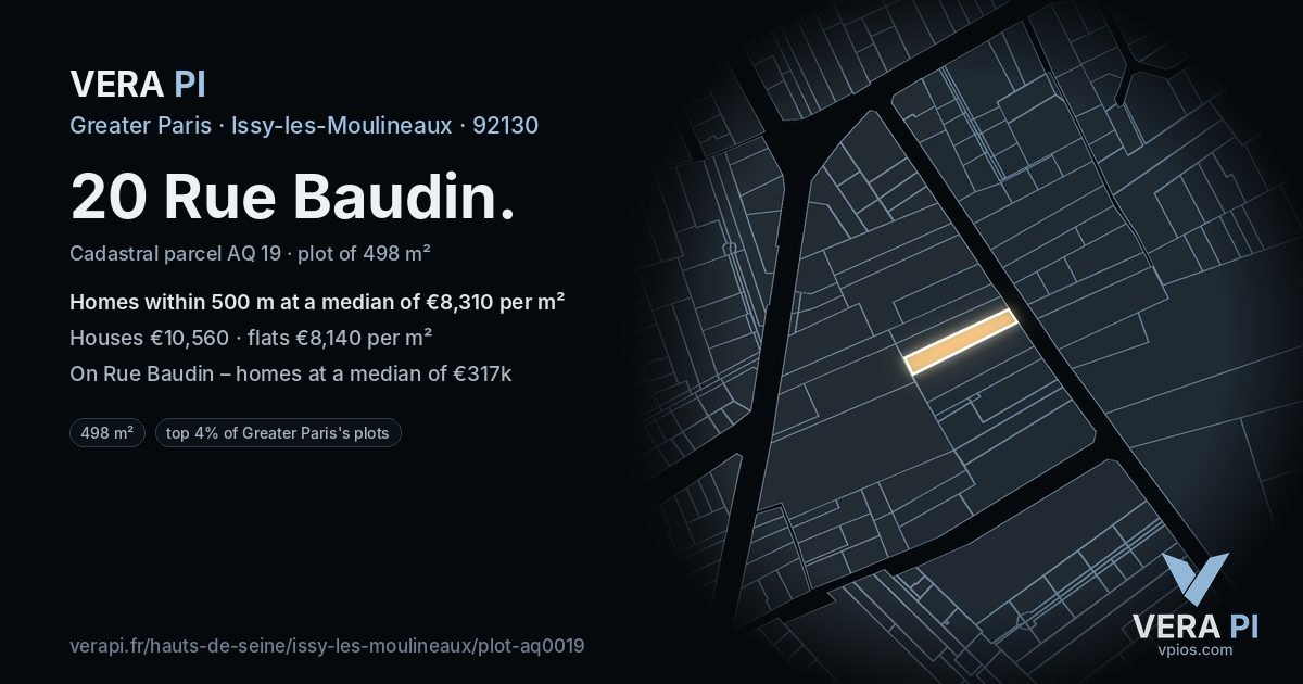 20 Rue Baudin, Issy-les-Moulineaux at night – the plot lit, the parcels around coloured by the prices near them
