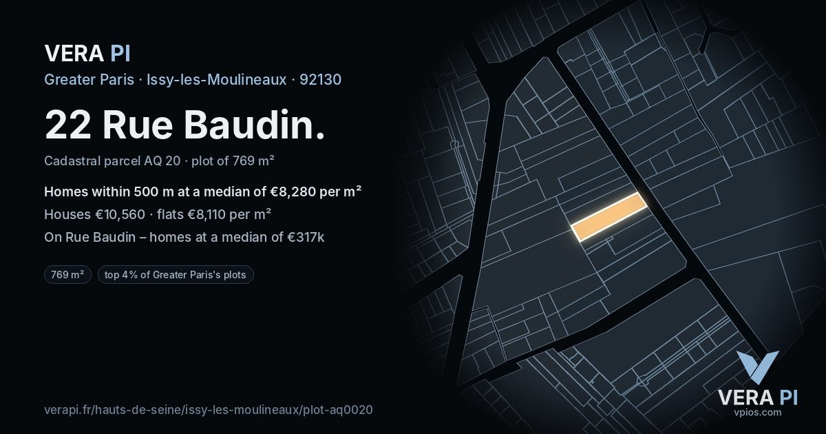 22 Rue Baudin, Issy-les-Moulineaux at night – the plot lit, the parcels around coloured by the prices near them