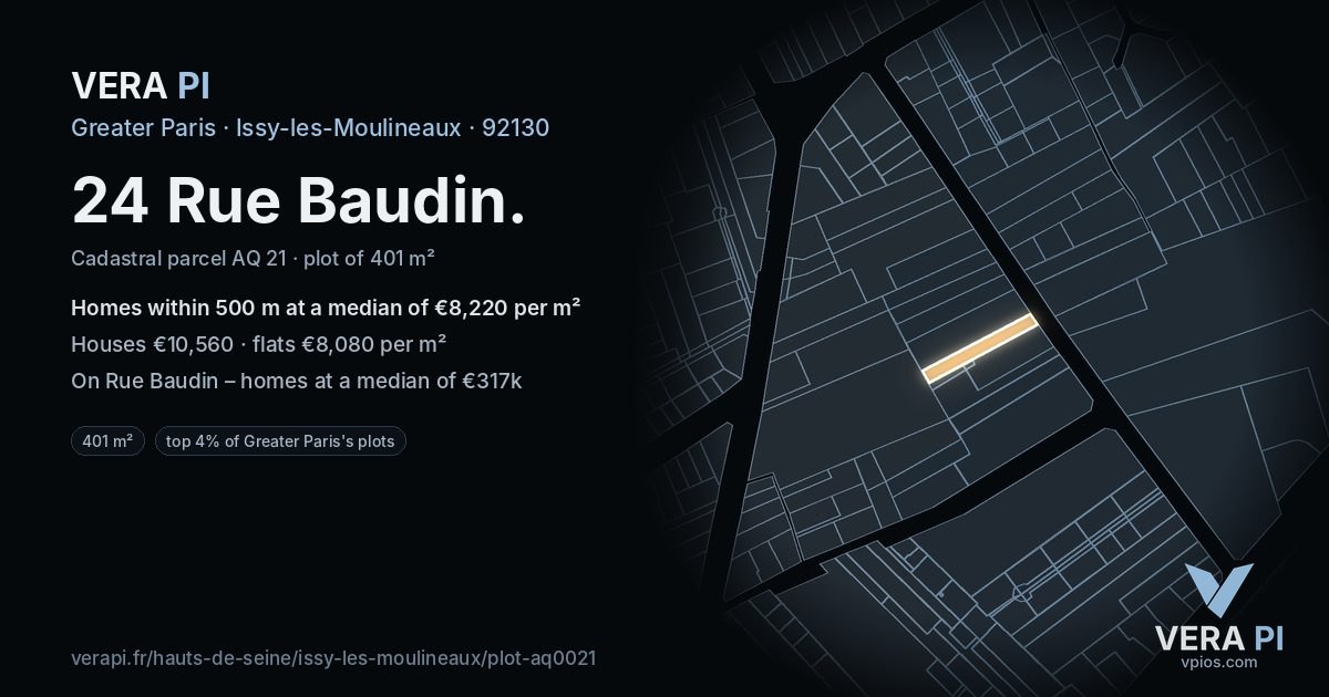 24 Rue Baudin, Issy-les-Moulineaux at night – the plot lit, the parcels around coloured by the prices near them