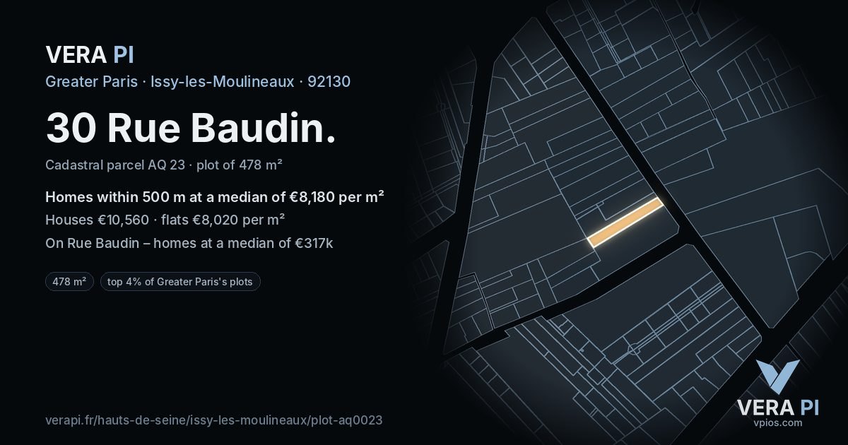 30 Rue Baudin, Issy-les-Moulineaux at night – the plot lit, the parcels around coloured by the prices near them