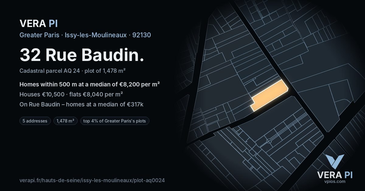 32 Rue Baudin, Issy-les-Moulineaux at night – the plot lit, the parcels around coloured by the prices near them