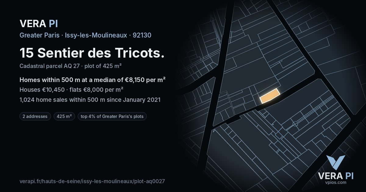 15 Sentier des Tricots, Issy-les-Moulineaux at night – the plot lit, the parcels around coloured by the prices near them