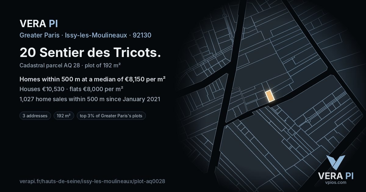 20 Sentier des Tricots, Issy-les-Moulineaux at night – the plot lit, the parcels around coloured by the prices near them