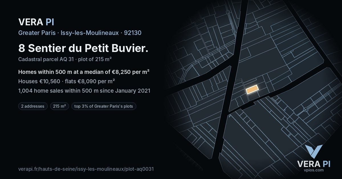 8 Sentier du Petit Buvier, Issy-les-Moulineaux at night – the plot lit, the parcels around coloured by the prices near them