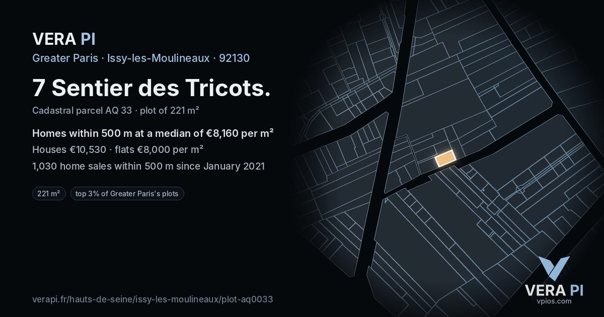 7 Sentier des Tricots, Issy-les-Moulineaux at night – the plot lit, the parcels around coloured by the prices near them