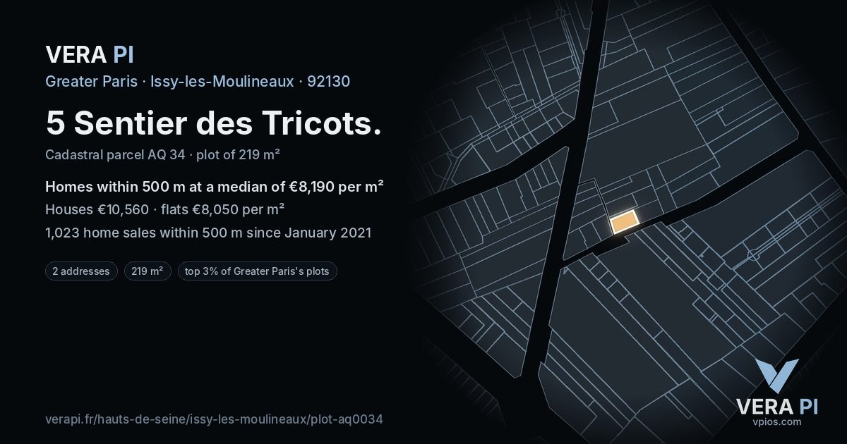 5 Sentier des Tricots, Issy-les-Moulineaux at night – the plot lit, the parcels around coloured by the prices near them