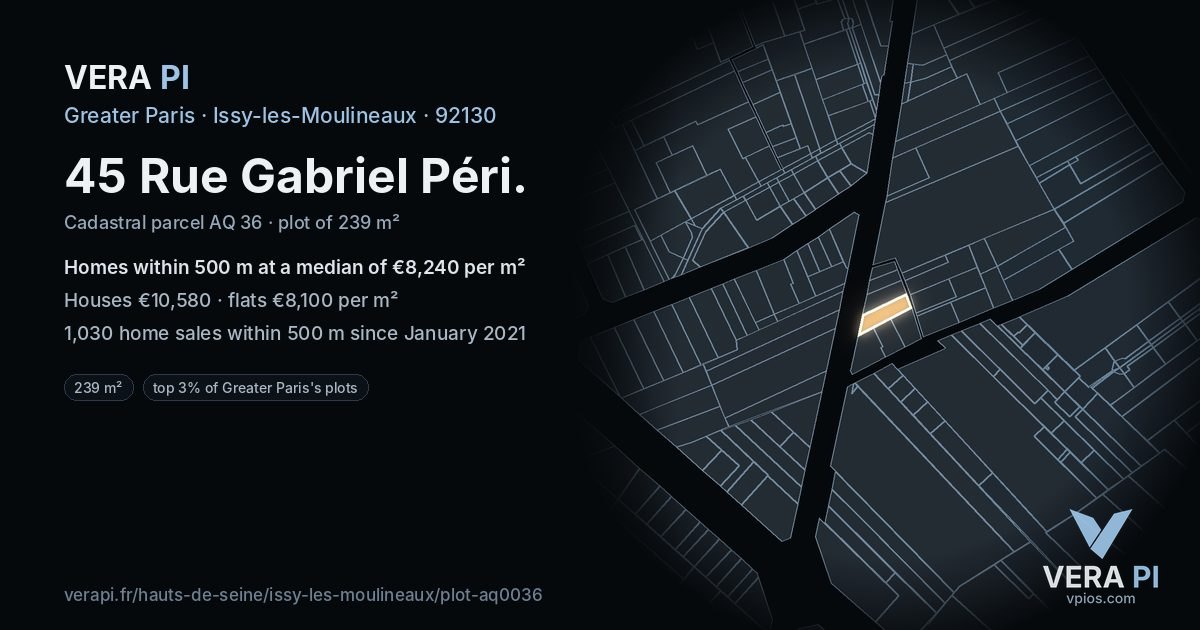 45 Rue Gabriel Péri, Issy-les-Moulineaux at night – the plot lit, the parcels around coloured by the prices near them