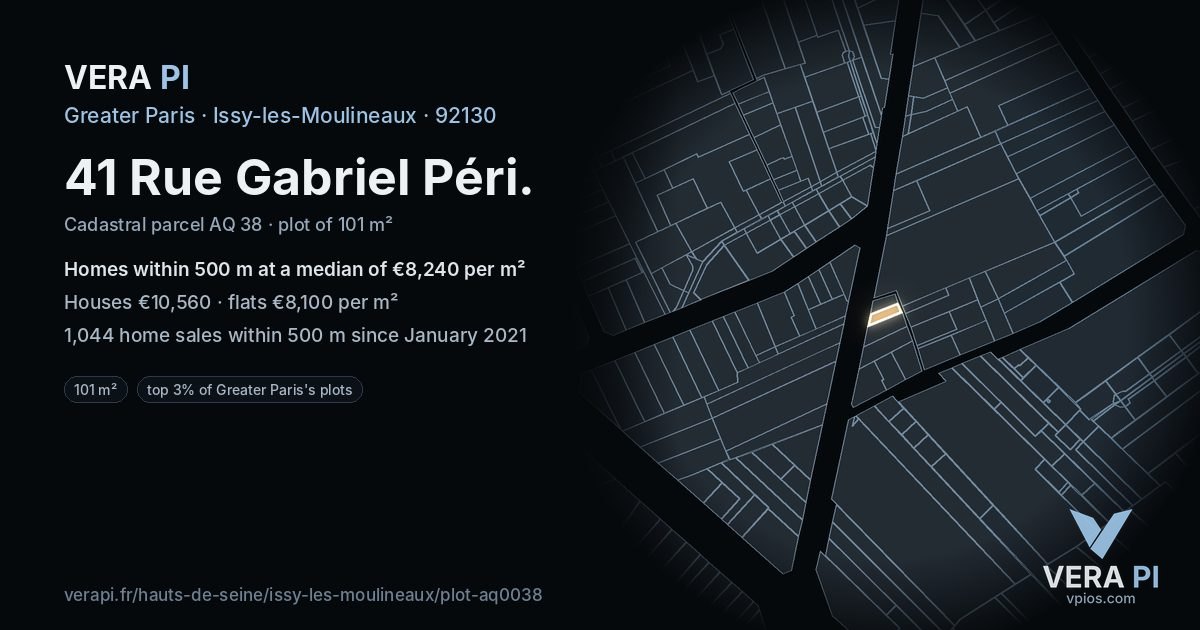 41 Rue Gabriel Péri, Issy-les-Moulineaux at night – the plot lit, the parcels around coloured by the prices near them
