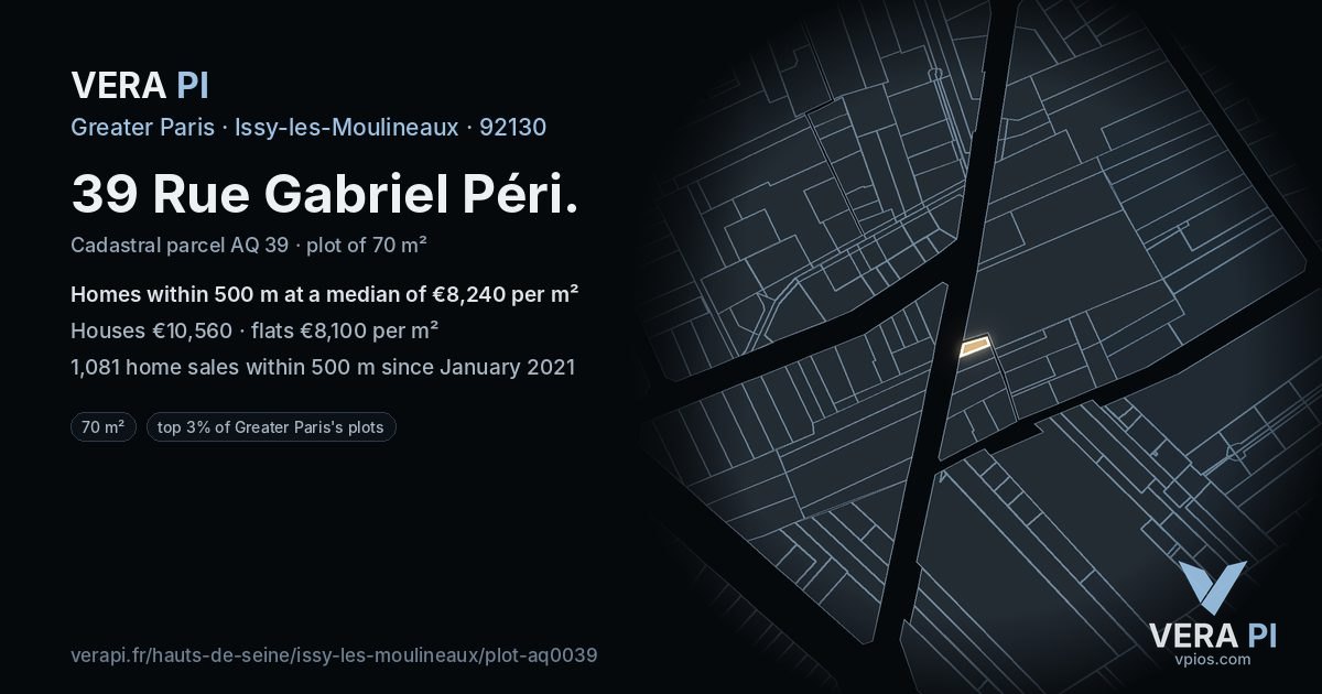 39 Rue Gabriel Péri, Issy-les-Moulineaux at night – the plot lit, the parcels around coloured by the prices near them